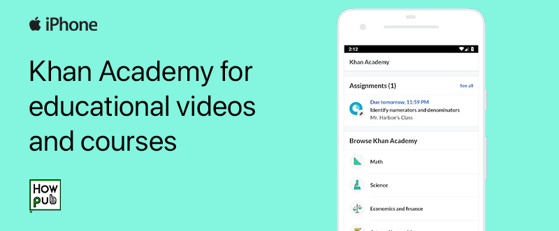 Khan Academy app interface on iPhone for educational videos and courses